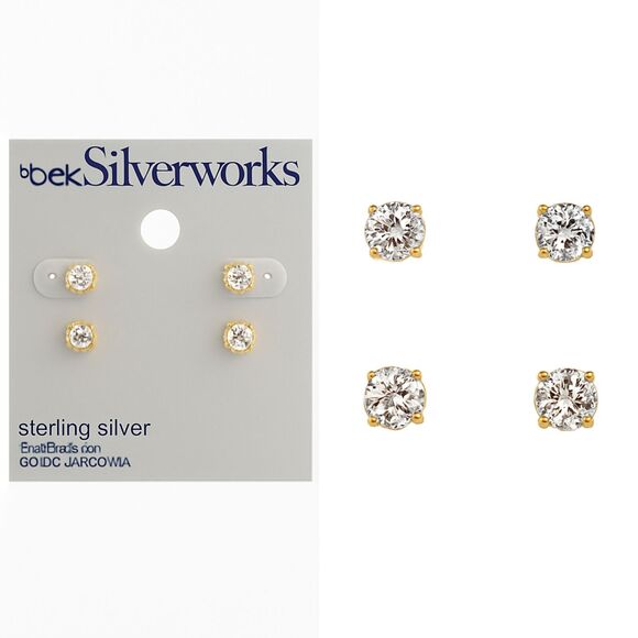 Silverworks Sterling Silver CZ Stud Earrings Set Gold Tone 2 Pair New on Card - Picture 1 of 2